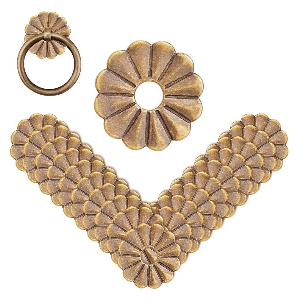 SUPERFINDINGS 30Pcs Round Brass Backplate Washers Antique Bronze Gasket 24mm/1Inch Flower Hardware Classical Furniture Hardware Accessories for Drawer Dresser Closet Decoration