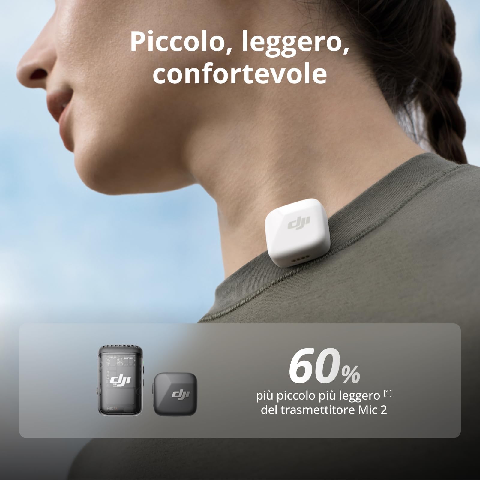 DJI Mic Mini wireless lavalier microphone per iPhone 17/16/15 Android PC tablet, 300 m range, cancellazione rumore, vlog