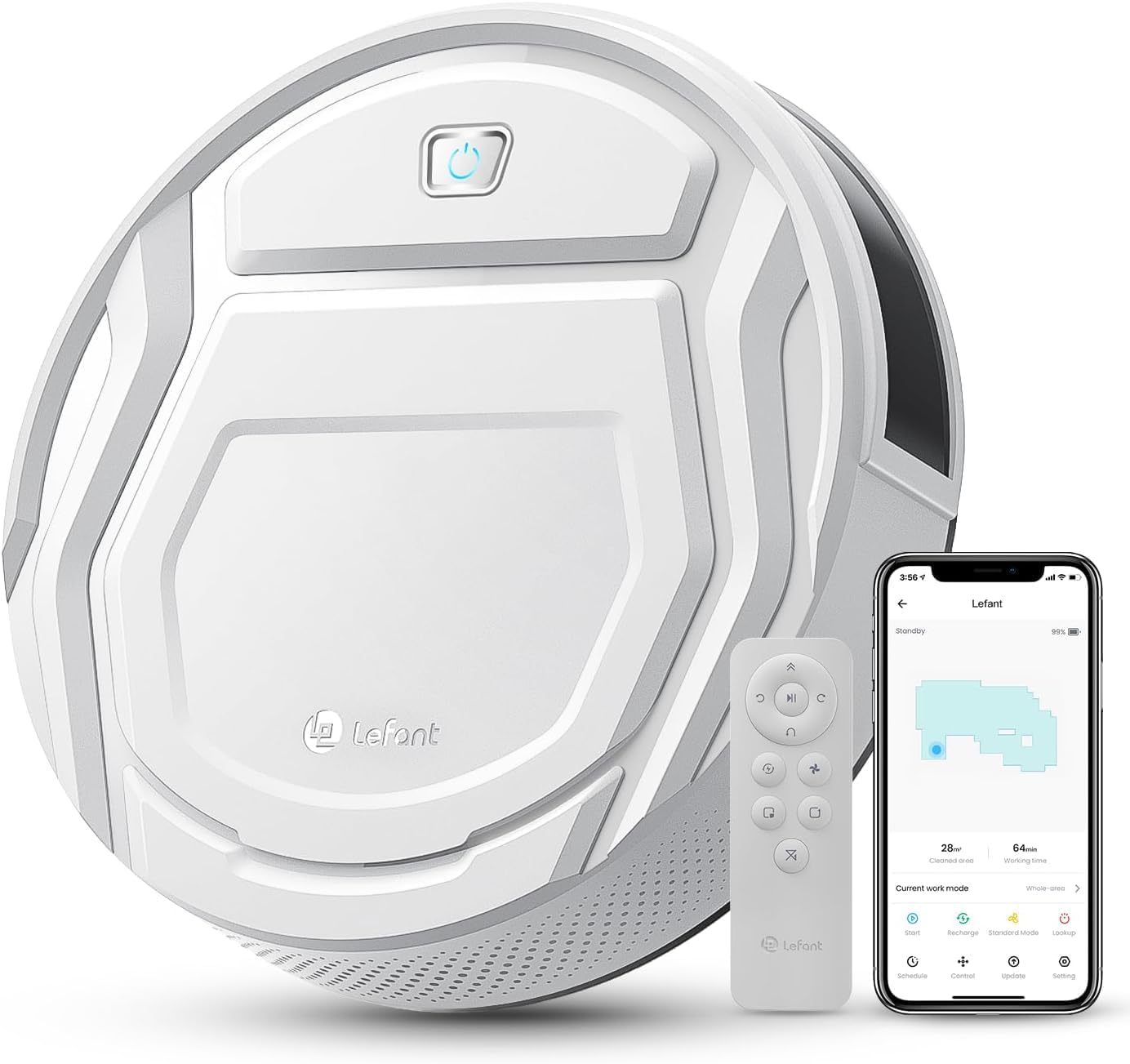 LEFANT Robot Aspirapolvere 2200Pa,120Mins Max, Aspirapolvere Robot Wifi/App/Alexa, Potenziamento Tappeto,Ideale Per Peli di Animali, Moquette, Pavimento Duro 210P Bianco Con Telecomando