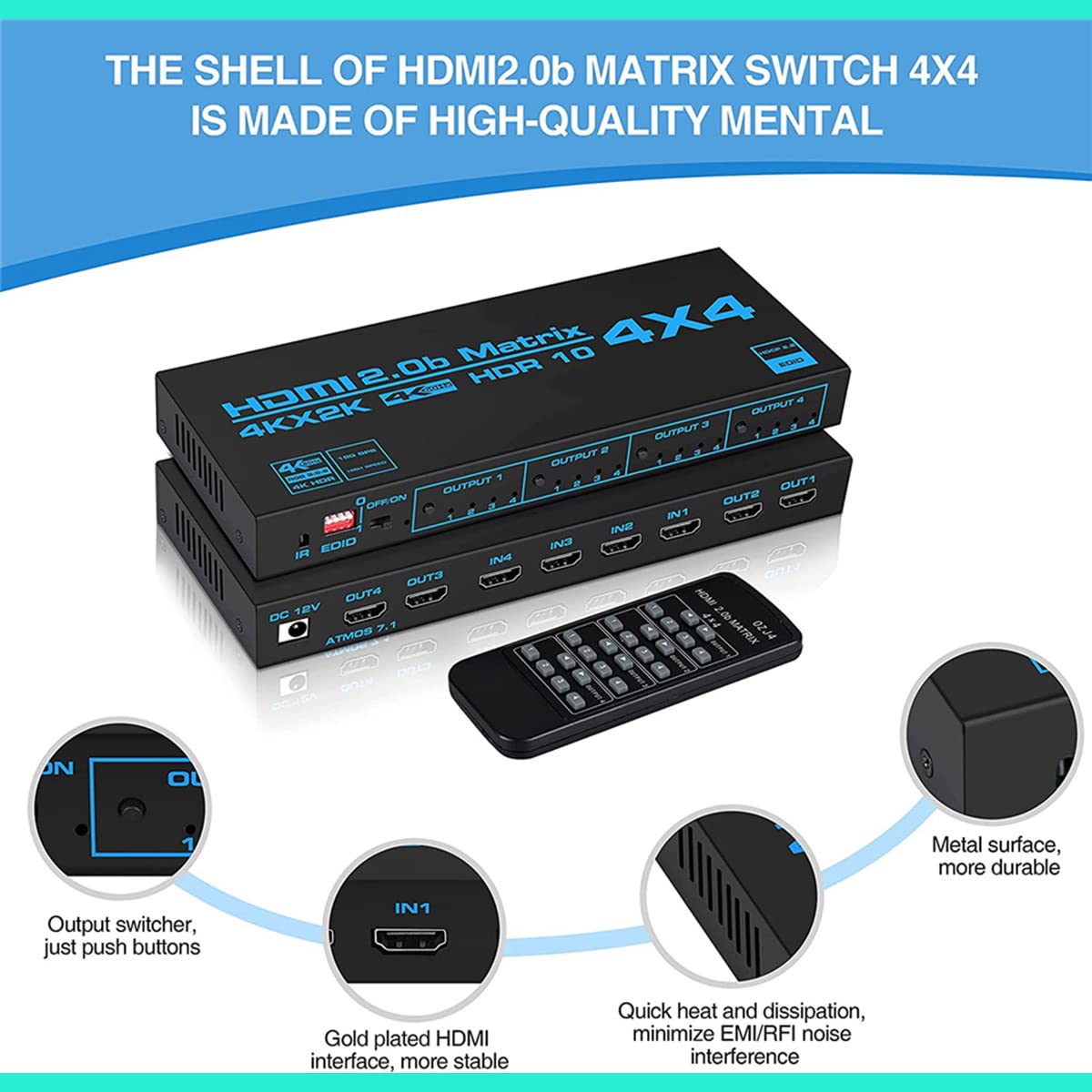 Conmutador de Matriz HDMI 4X4,Conmutador/Distribuidor HDMI 4K@60Hz 4 entradas 4 Salidas,Divisor de Video con Control Remoto IR y Extractor de Audio EDID
