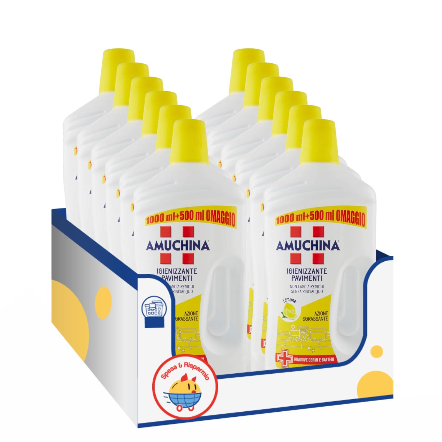 Detergente Igienizzante Pavimenti Limone kit con Spugna Brandizzata SPESA & RISPARMIO Inclusa – Variazioni 4/8/12 Pezzi – 1050ml (12)