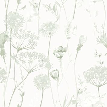 Muriva Catherine Lansfield Meadowsweet Floral Themed Flower Siluette Romantic Wallpaper for Living Room, Bedroom, Hallway, Feature Wall- Sage Green/White 165584