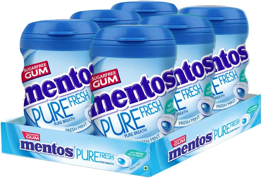 Mentos Pure Fresh, Sugarfree Mint Flavour, Chewing Gum Bottle Pack, 327.6 g- Pack of 6