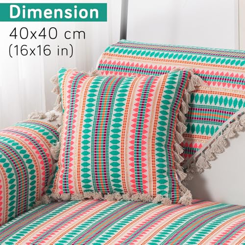 Image of HOKIPO 'Artisan Boho Series' 450 GSM Cushion Cover with Tassels | Cotton Acrylic Jacquard | 16x16 Inch (40x40 cm) | Pack of 2, Mint Green (IN-905-A7*2)
