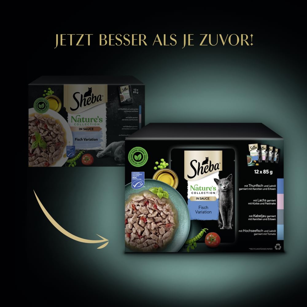 Sheba Nature´s Kolekcja dla dorosłych kotów, selekcja ryb w sosie, mokra karma dla kotów, świeżość 85 g (zestaw 12 sztuk)