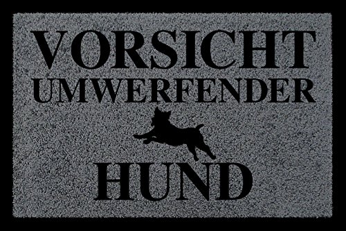 Interluxe FUSSMATTE Eingang Vorsicht UMWERFENDER Hund Tierisch Schmutzmatte Dunkelgrau