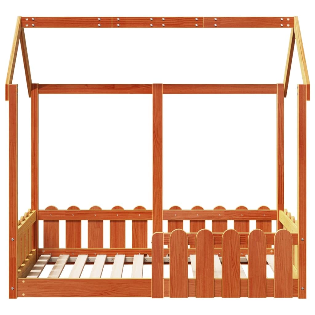 Hothingwell Bettgestell für Kinder, Hausform, Holz, 70 x 140 cm | Massives Kiefernholz, robuste Seitenbarrieren, bodentiefes Design, offenes Dach für Heimwerker, Lattenrost inklusive