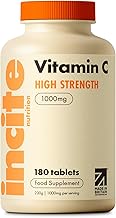 Vitamin C 1000mg | 180 Premium Tablets (6 Month’s Supply) | High Dose Quality Ascorbic Acid | Suitable for Vegetarian & Vegans| Made in The UK by Incite Nutrition®