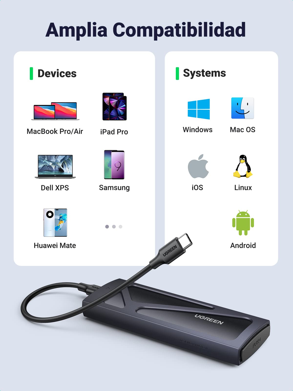 UGREEN Caja SSD M2 NVMe, Carcasa M.2 con UASP USB C 3.2 Gen 2 10Gbps para M/ B+M Key 2230/2242/2260/2280, con Cable Type C y A