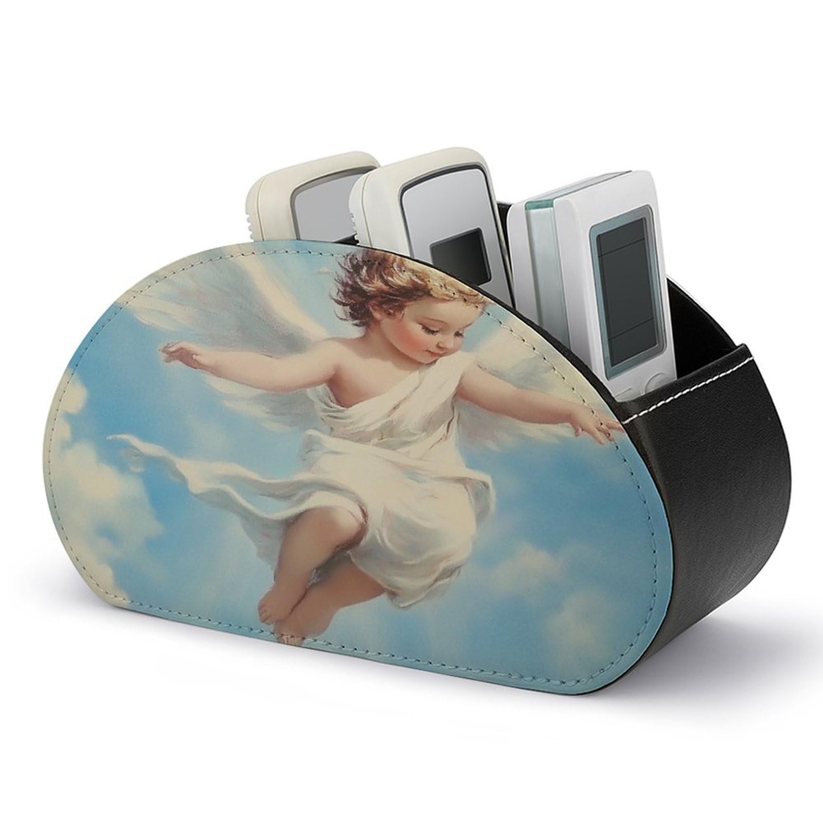 Jubonexis Angel with White Wings Remotes Control Holder with 5 Compartments Leather TV Remote Caddy Storage Box Desktop Organizer