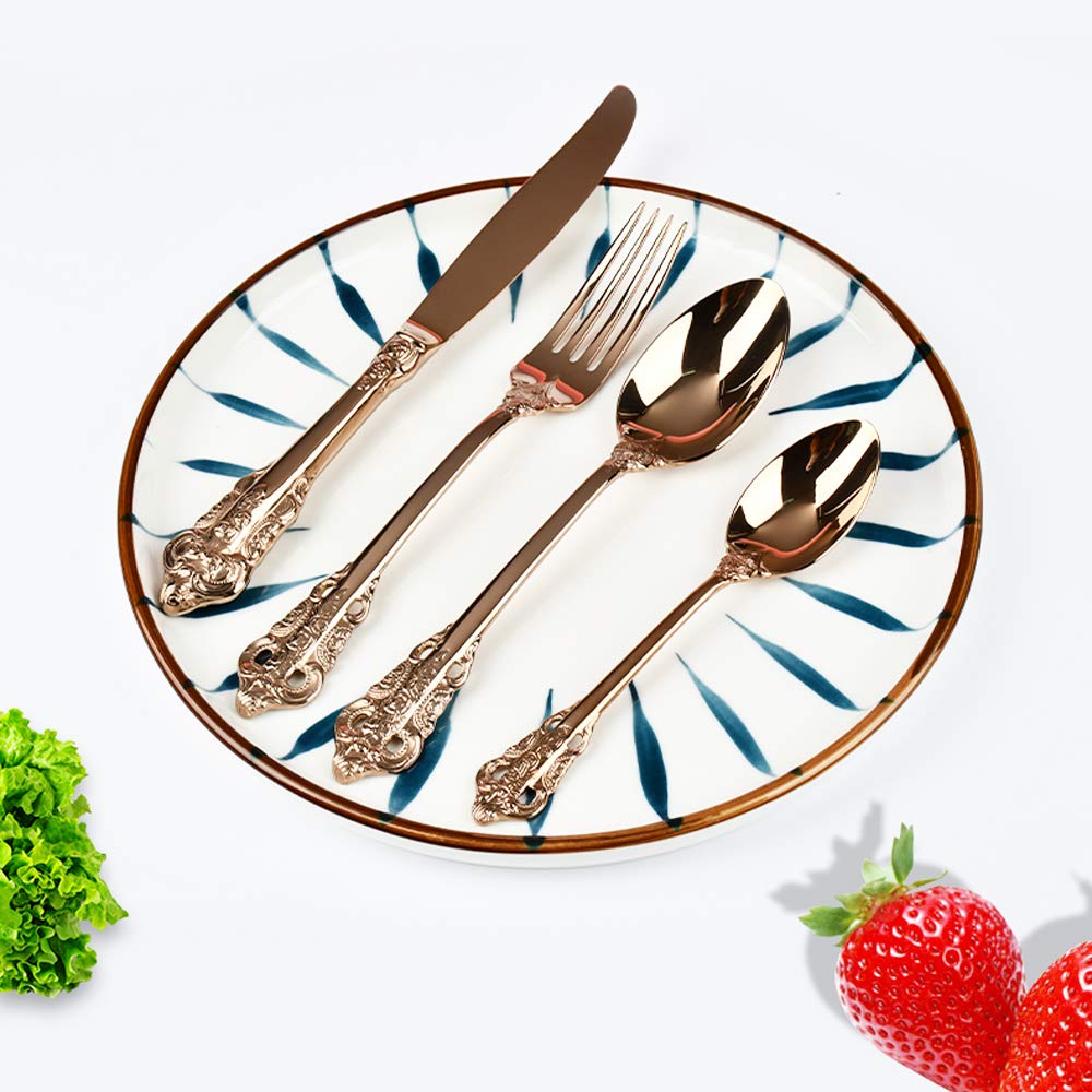Set di posate per 4, set di coltelli e forchette in acciaio inox di alta qualità, set di posate per casa, feste, ristoranti, design martellato e lavabile in lavastoviglie (oro x 16