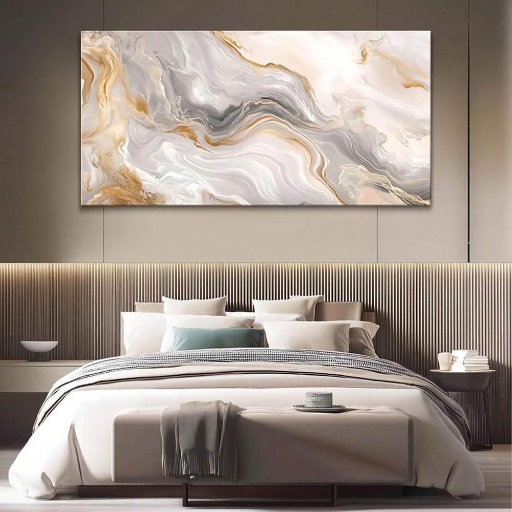 SPXLUCAU Neutral Palette Modern Abstract Marble Waves Canvas Wall Art - for Living Room, Bedroom, Office(55x110cm/No frame)