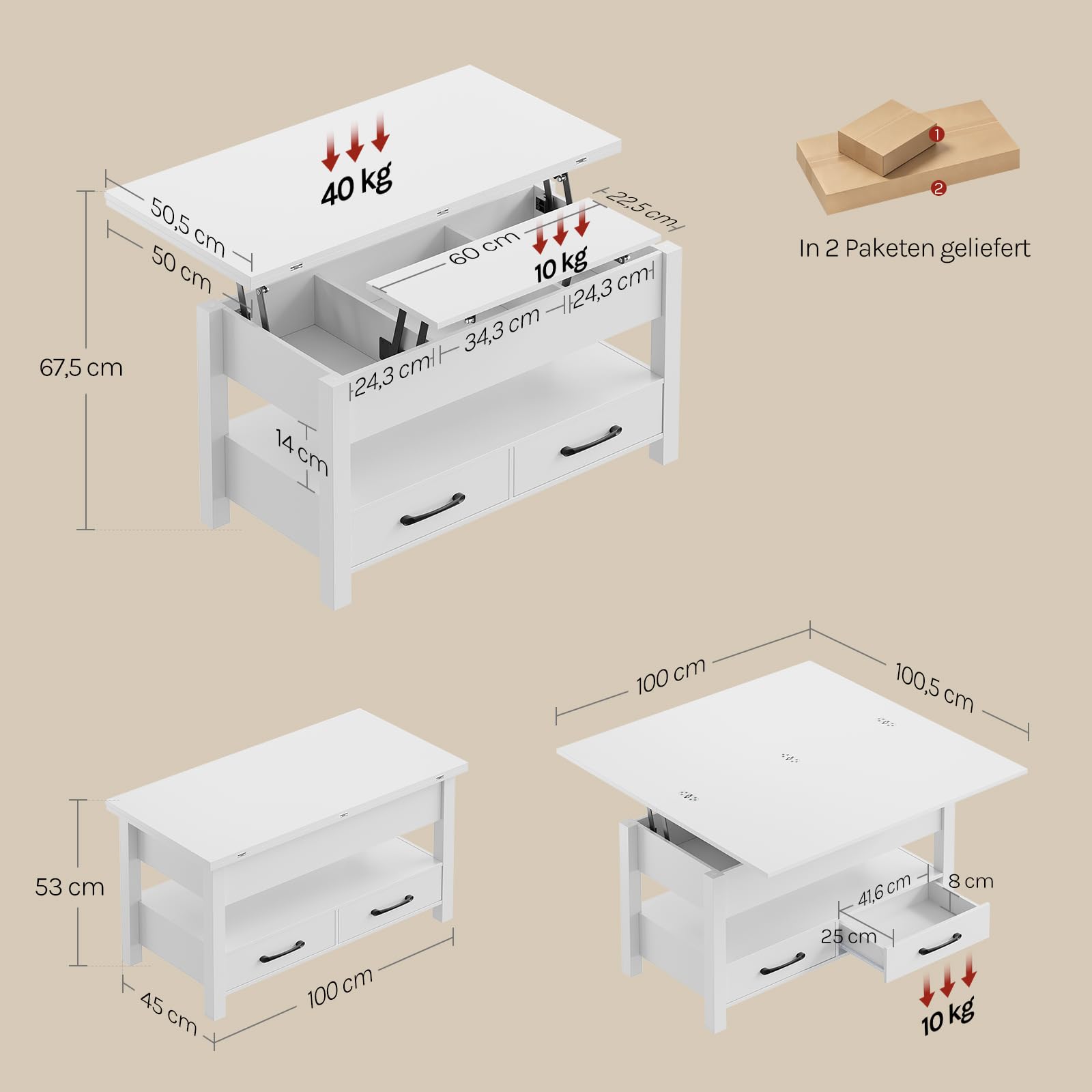 WOLTU Couchtisch höhenverstellbar, Wohnzimmertisch klappbar, 2 Schubladen, 1 offenes Fach und 3 versteckte Fächer unter Tischplatte, für Wohnzimmer Homeoffice, Weiß