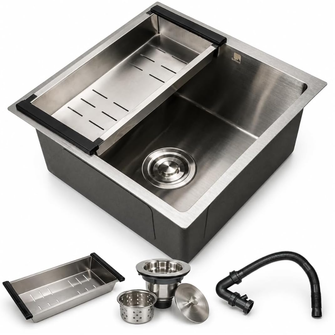 Cuba Pia Cozinha Mesa Bancada Aço Inox 304 Escovado Gourmet Pequena Quadrada Embutir ou Sobrepor Funda 44x44 SOFTINOX — Kit Cuba Gourmet com Acessórios Cesto Escorredor, Sifão, Válvula Ralo com Tampa