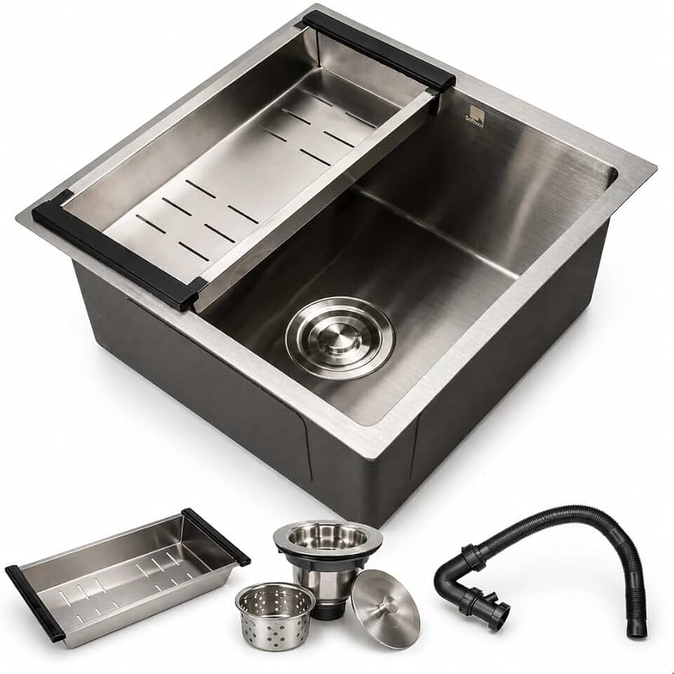 Cuba Pia Cozinha Mesa Bancada Aço Inox 304 Escovado Gourmet Pequena Quadrada Embutir ou Sobrepor Funda 44x44 SOFTINOX — Kit Cuba Gourmet com Acessórios Cesto Escorredor, Sifão, Válvula Ralo com Tampa