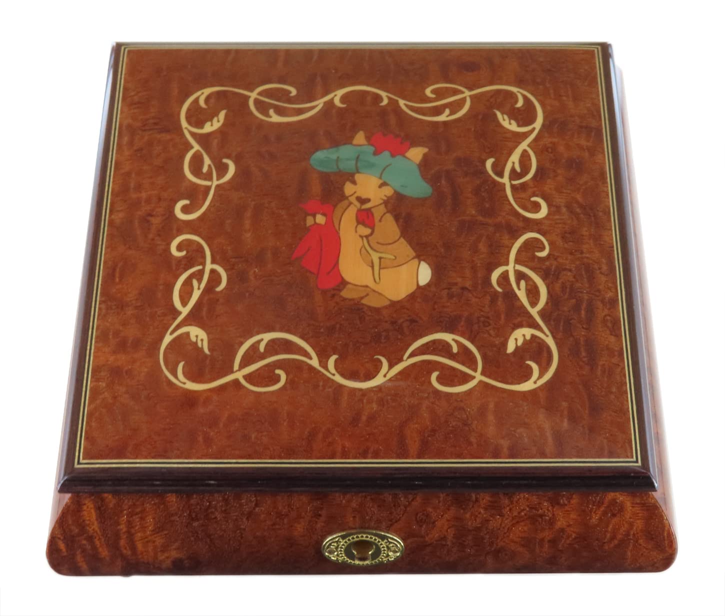 Joyero musical / caja de música para joyas de madera con marquetería conejo de Beatrix Potter y mecanismo musical de resorte de 18 notas - Clair de lune - Claro de luna (Claude Debussy).