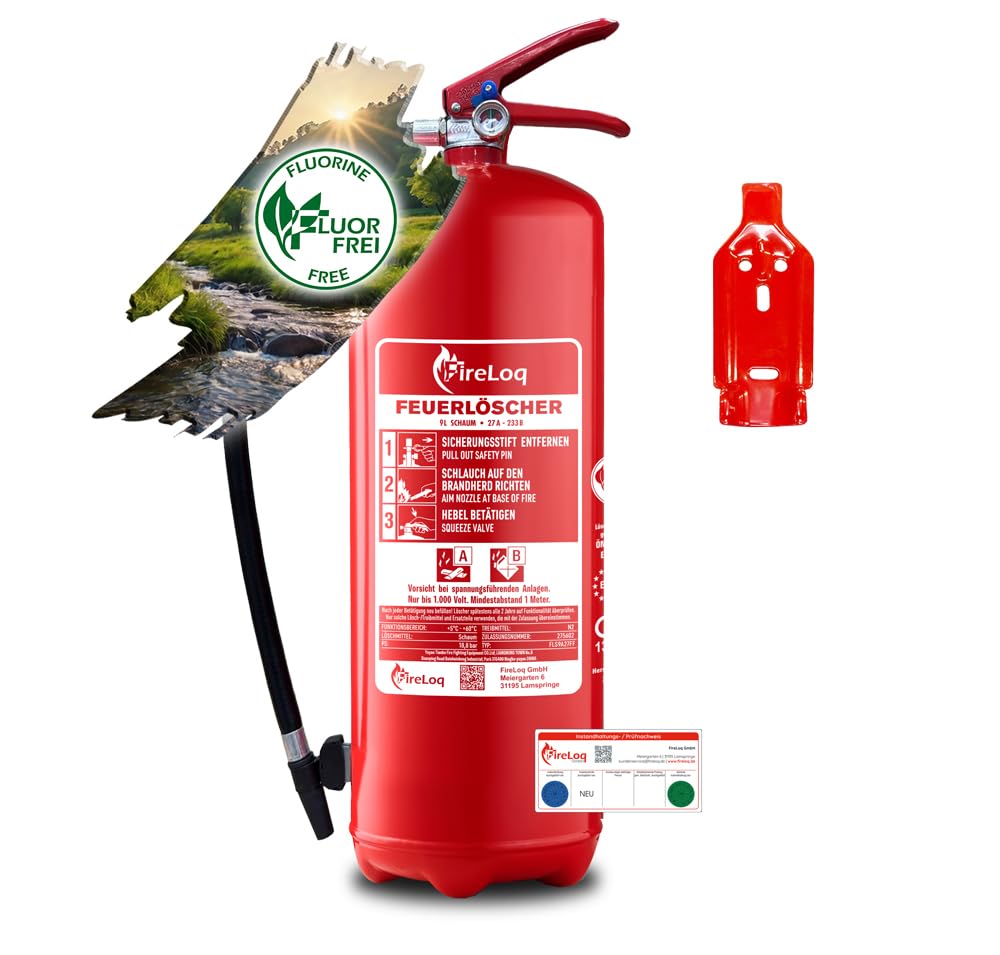 9L fluorfrei Schaum Feuerlöscher für Brandklasse AB mit 27A | 233B ergibt 9LE Dauerdruck inkl. Prüfnachweis,Wandhalter und Manometer