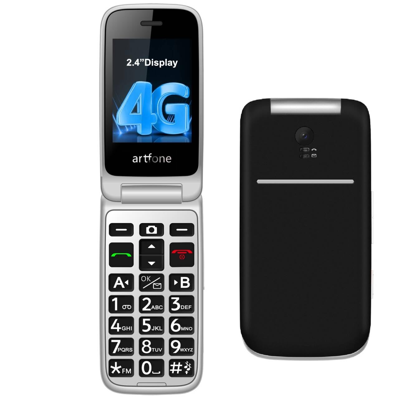 artfone G3 4G VoLTE Teléfono móvil de Tapa para Mayores丨Botones y Teclas Grandes丨Teléfono móvil para Ancianos de Pantalla 2,4" 丨Base de Carga丨Botón SOS丨Bateria 1300mAh丨Radio FM丨Bluetooth丨USB-C - Negro