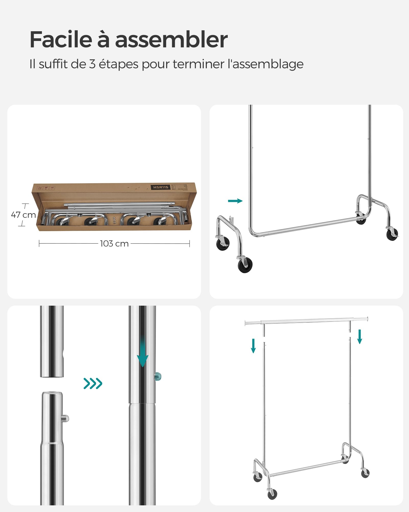 SONGMICS Portant à Vêtements avec Roulettes, Tringle Extensible pour Charge Lourde, Capacité de Charge 130 kg, 45 x (110-150) x 162,9 cm, Porte-manteau, en Métal, Chromé, Argent HSR11S