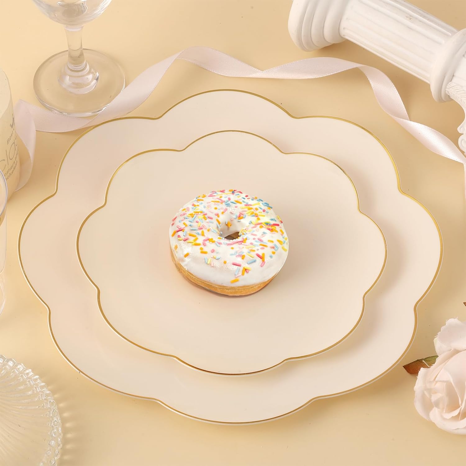 supernal 60pcs Ivory Gold Plastic Plates Heavy Duty Scalloped Plastic Plates Disposable Cream Color Includes: 30 Dinner and 30 Dessert Plate Suit for Valentine's Day Mother's Day and Easter - Image 2