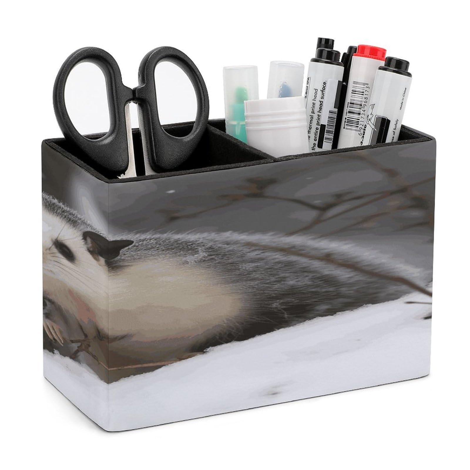 LDGSUPH Opossum In Snow Leather Pen Holder for Desk Organizer Caddy Large Pencil Cup Multi-function Pencil Holder Makeup Brush Holders Pen Organizer for Home Office Storage Box