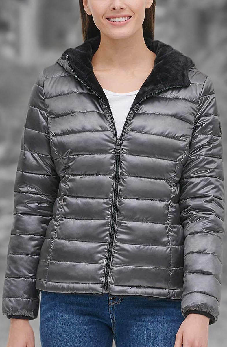 Andrew Marc Ladies' Ultra Soft Attached Hood Reversible Jacket (S, Shine Granite)