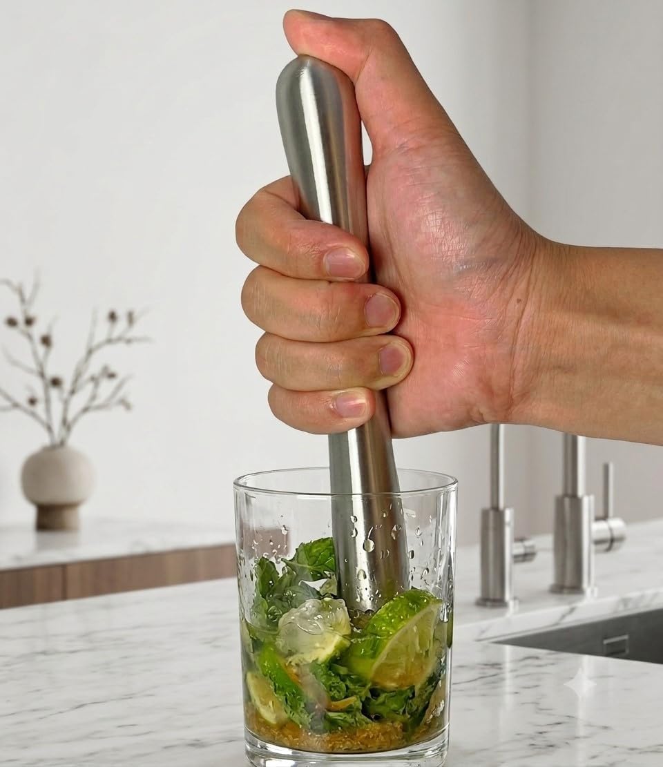 One-Piece Stainless Steel Cocktail Muddler - Professional Drink Muddler and Ice Crusher Bar Tool, Seamless & Dishwasher Safe, Perfect for Mojitos and Old Fashioneds (9-Inch)