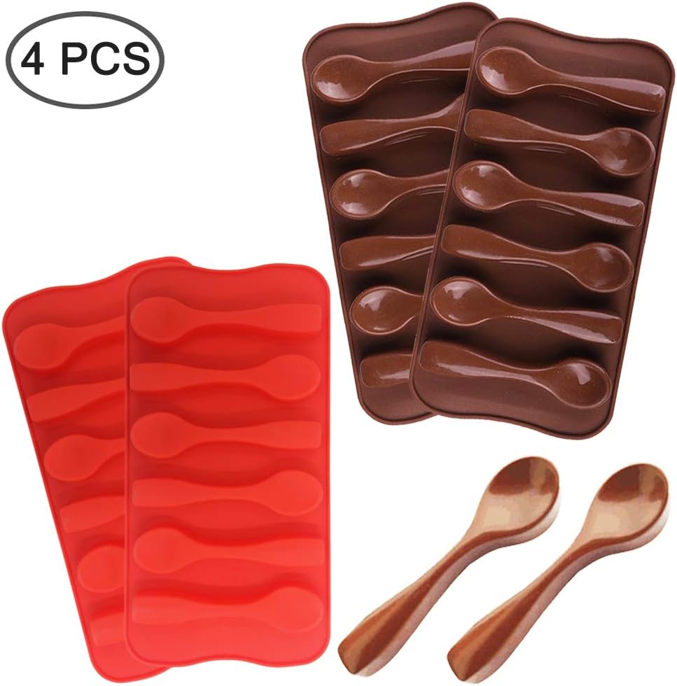 4 Packs Spoon Shape Molds,YuCool Silicone Chocolate Candy Mold for DIY/Party/Holiday Decor-Red and Brown