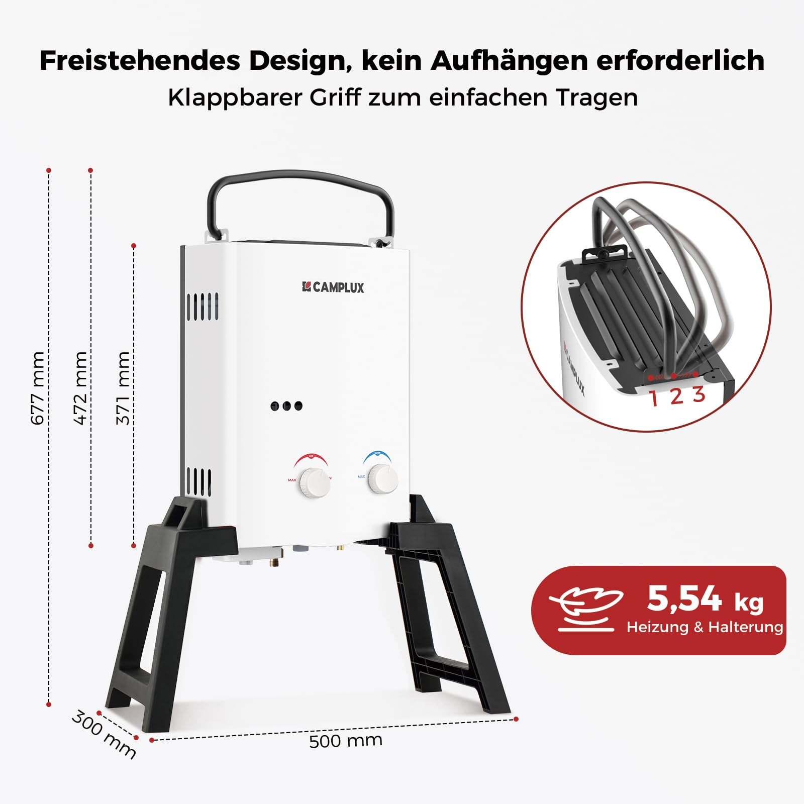 CAMPLUX 5 Liter Gasdurchlauferhitzer mit Stütz & Wasserpumpe, LPG, 50mbar, für Campingdusche/Wohnmobilausflug, AY132Max-DE mit Tragetasche