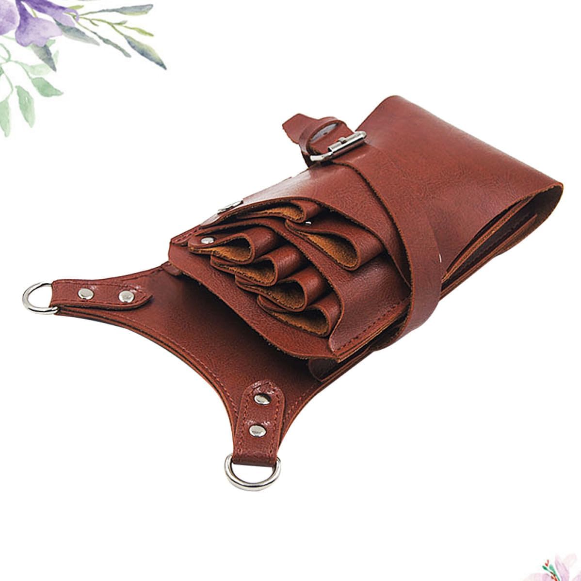 Barber Waist Bag Scissor Pouch with 6 Slots Pu Leather Hairdressing Tool Waist Bag Adjustable Belt Brown for Professional Hairdressers and Barbers