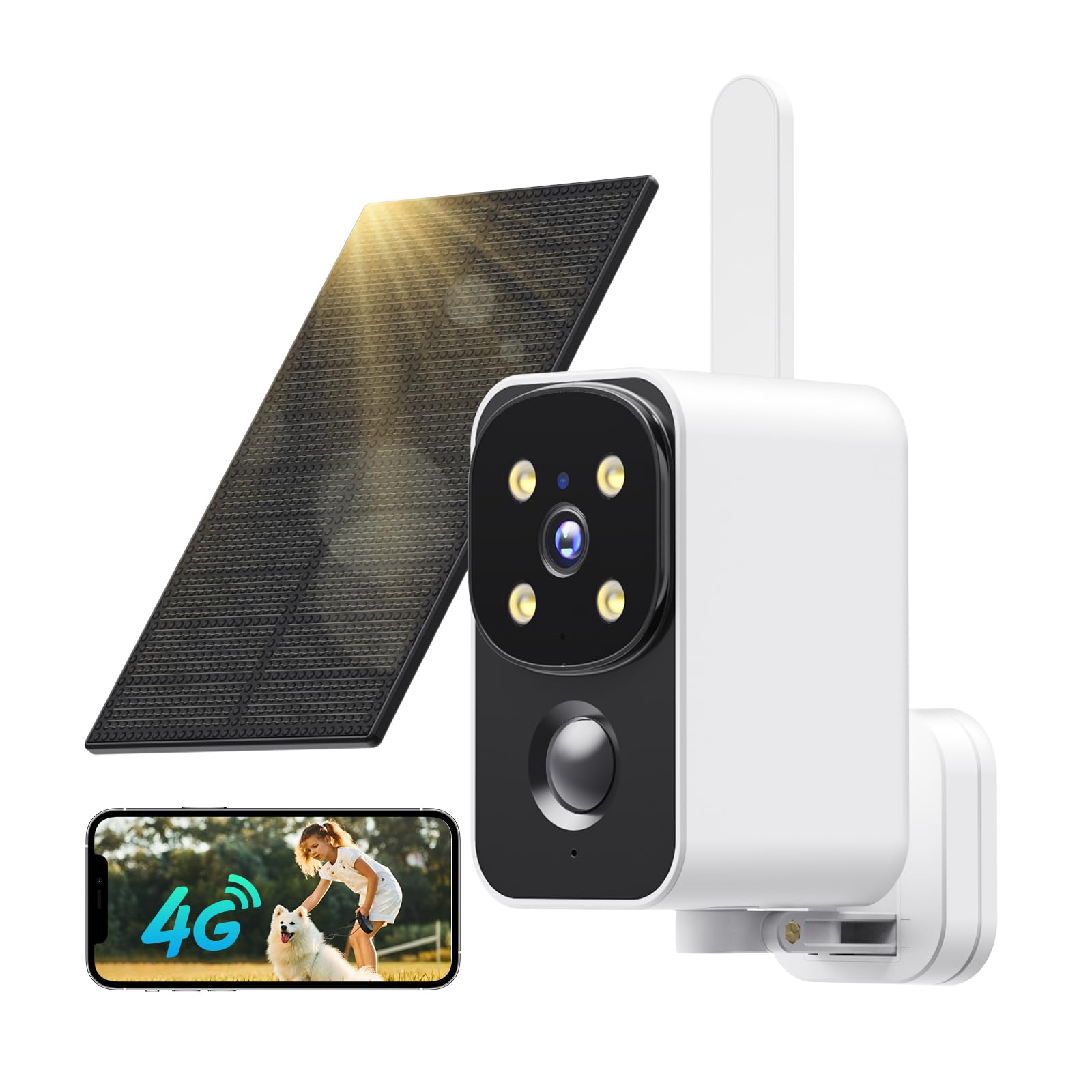 4G LTE Cámara de Vigilancia con Tarjeta SIM, 180° Camara Vigilancia Exterior con Panel Solar, 2K HD Seguridad Portátil, 9000mAh, IP65 con Color Visión Nocturna, PIR, sin Wi-Fi