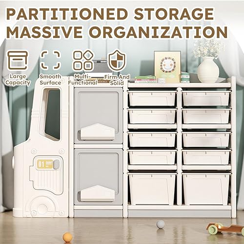 Miniatura 7 de Organizador de almacenamiento de juguetes para niños, organizador multiusos para libros y juguetes con 10 contenedores, 2 gabinetes, 3 estantes y