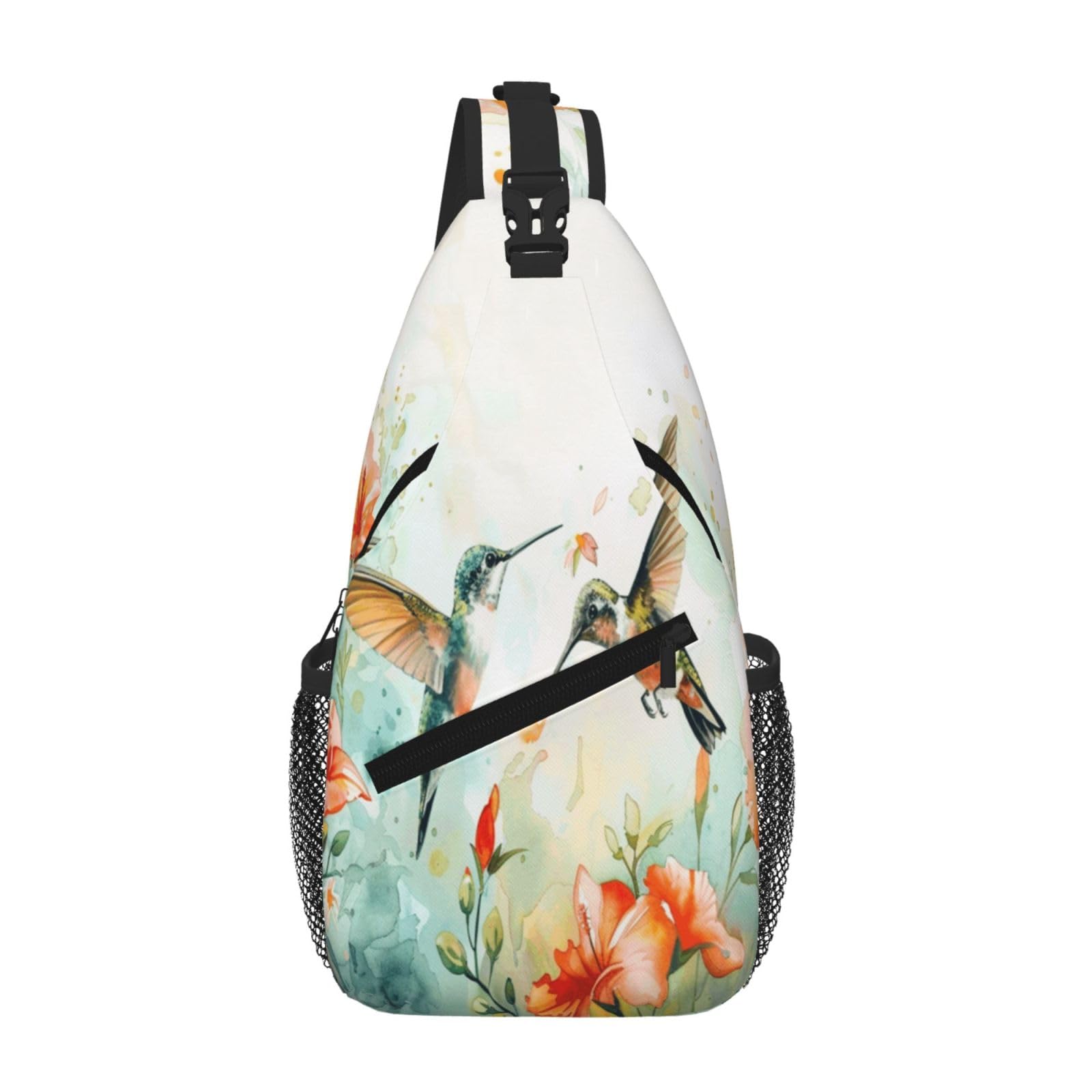 SUPLUCHOM Sling Bag Hummingbird Flower Watercolor Hiking Daypack Crossbody Shoulder Backpack Travel Chest Pack for Men Women