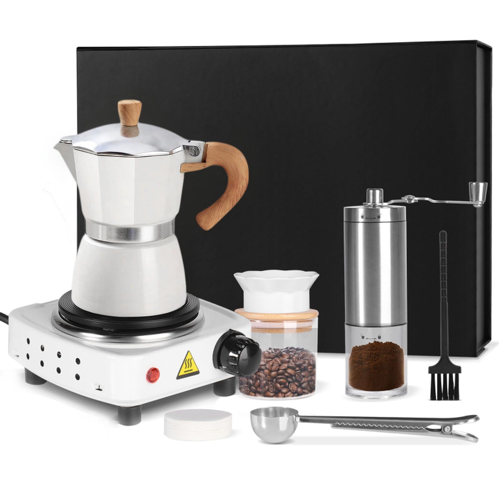 OKYUK 7 in 1 Espressokocher Set, Aluminium Espressokocher für die Herdplatte für 3 Tassen 150 ml, Elektroherd, Espressomaschine für Cappuccino, Latte, Mokka, für Reisen oder Camping (Weiß)
