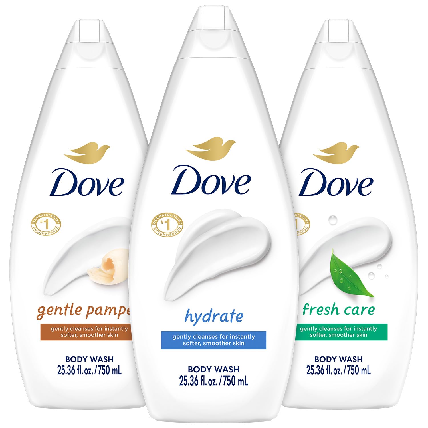 Dove Body Wash Value-Size Variety 3-Pack Hydrate Fresh Care and Gentle Pamper 25 36 Oz Ea