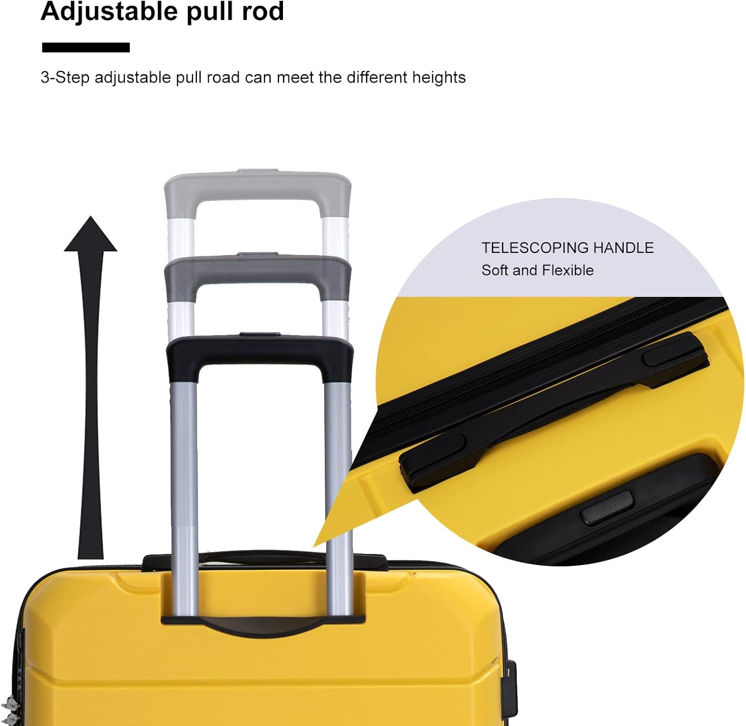 review Jauiegu 3 Piece Luggage with TSA Lock ABS, Durable Luggage Set, Lightweight Suitcase with 2 Hooks, Spinner Wheels PP Luggage Sets 20in/24in/28in (Yellow)