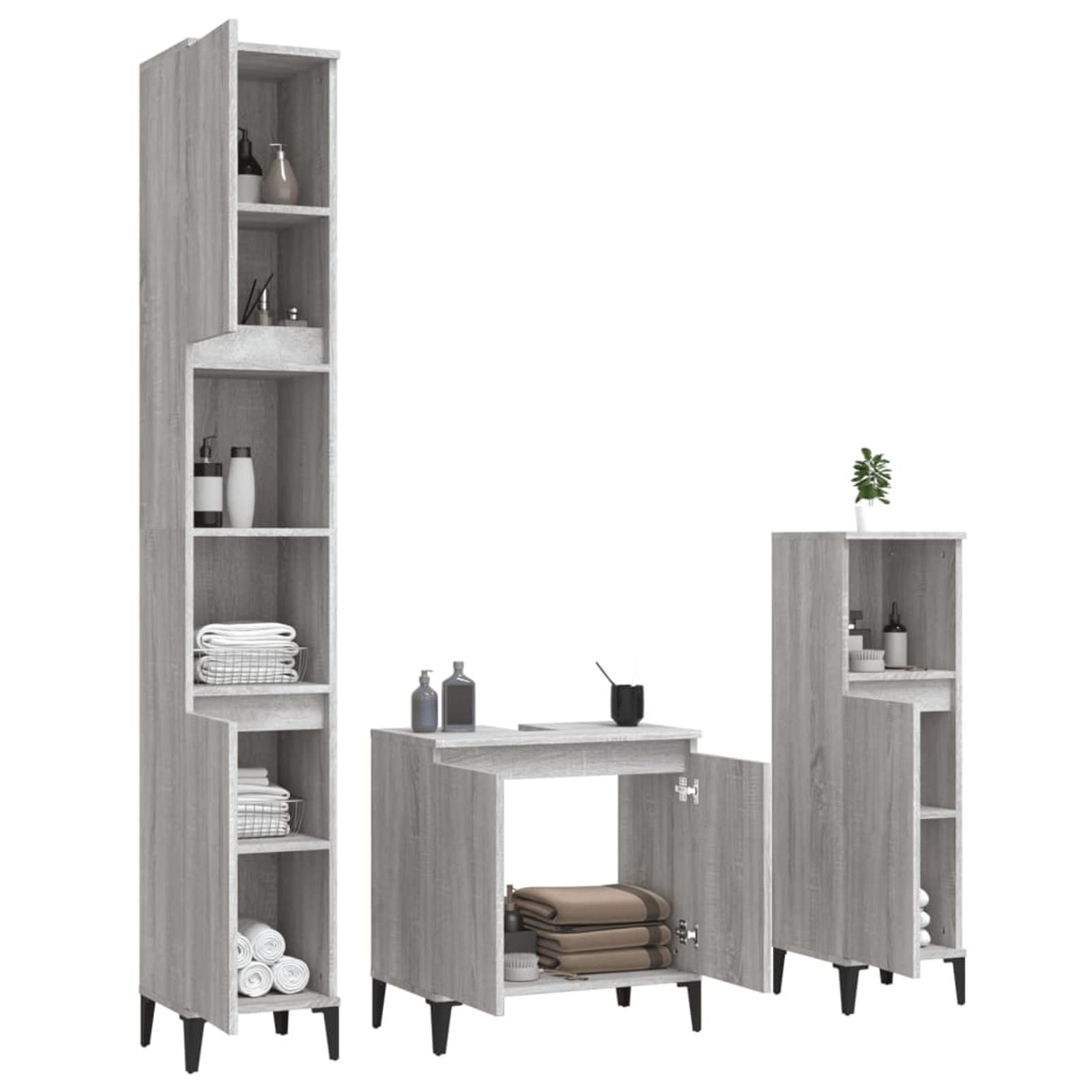 Gecheer Set Mobili da Bagno 3 pz, Set Mobile Bagno, Set da Bagno completo, Armadietto da Bagno, Armadietto Autoportante, Mobile da Bagno Salvaspazio Grigio Sonoma in Legno Multistrato