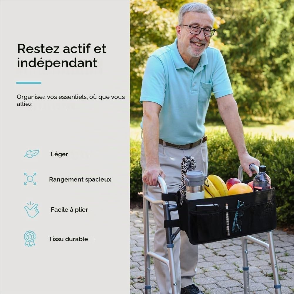 Panier de Marcheur Sac de Marcheur Porte-Gobelet de Marcheur Panier de Marcheur pour Déambulateur Pliable Sac de Rangement de Déambulateur Pliable