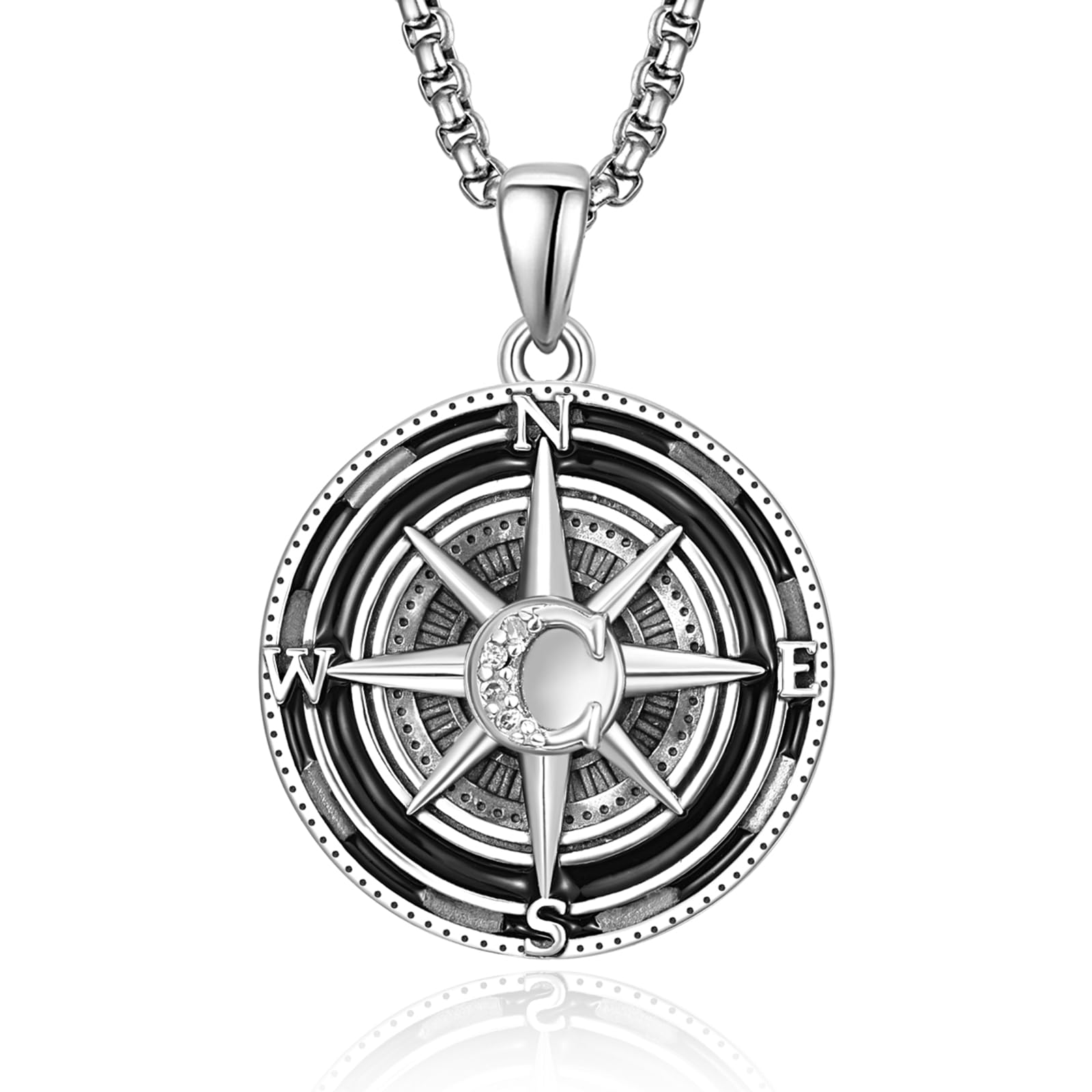 KINGWHYTE Compass Pendant for Men 925 Sterling Silver Compass Jewellery Graduation Gift Necklace for Friends, Birthday Anniversary Jewelry Gift with Stainless Steel Pearl Chain 22"+2"(Initial C)