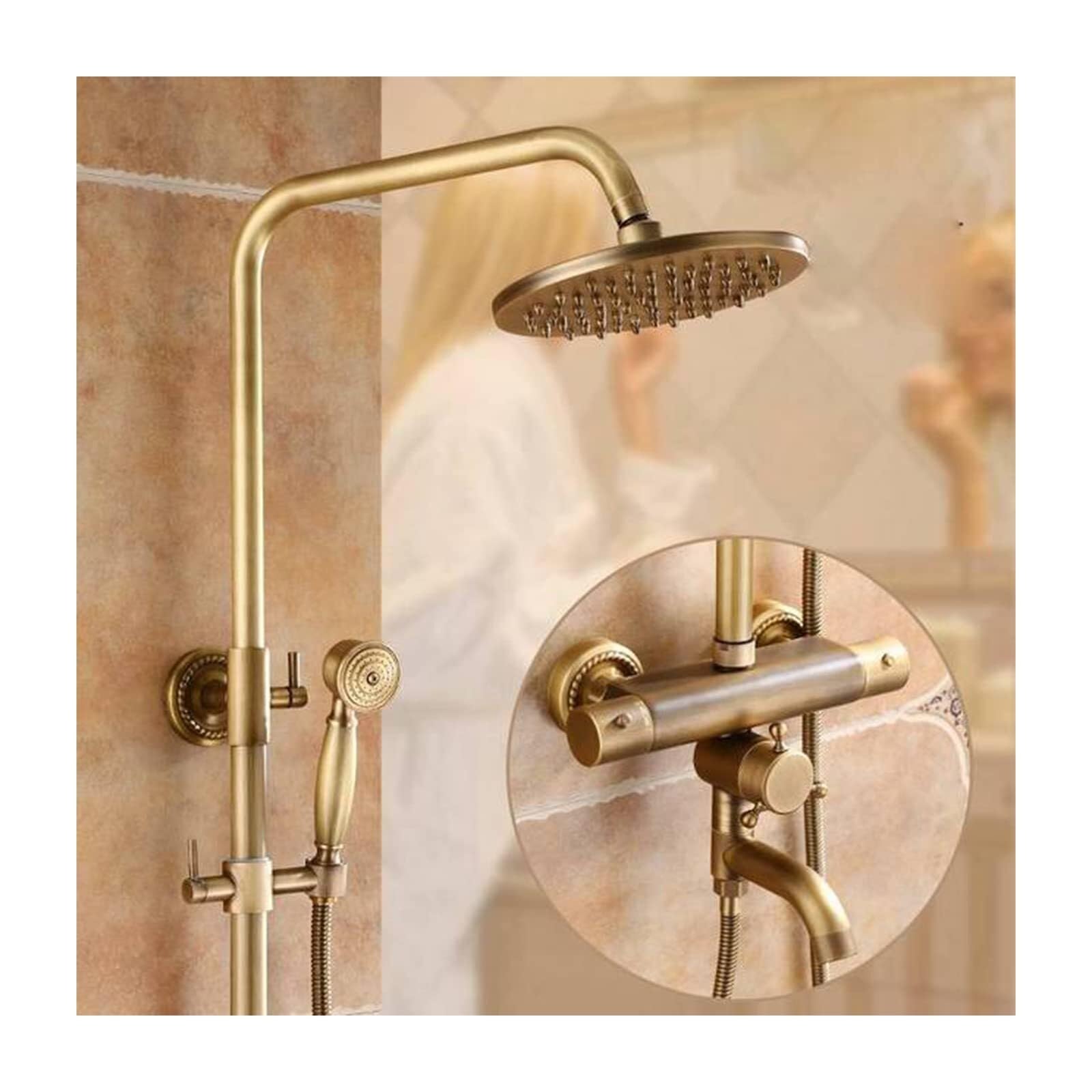Shower Head Brass Retro Shower System,Thermostatic Shower Faucet,Retro wall-Mounted rain Shower Head,Adjustable Height Handheld Shower Head