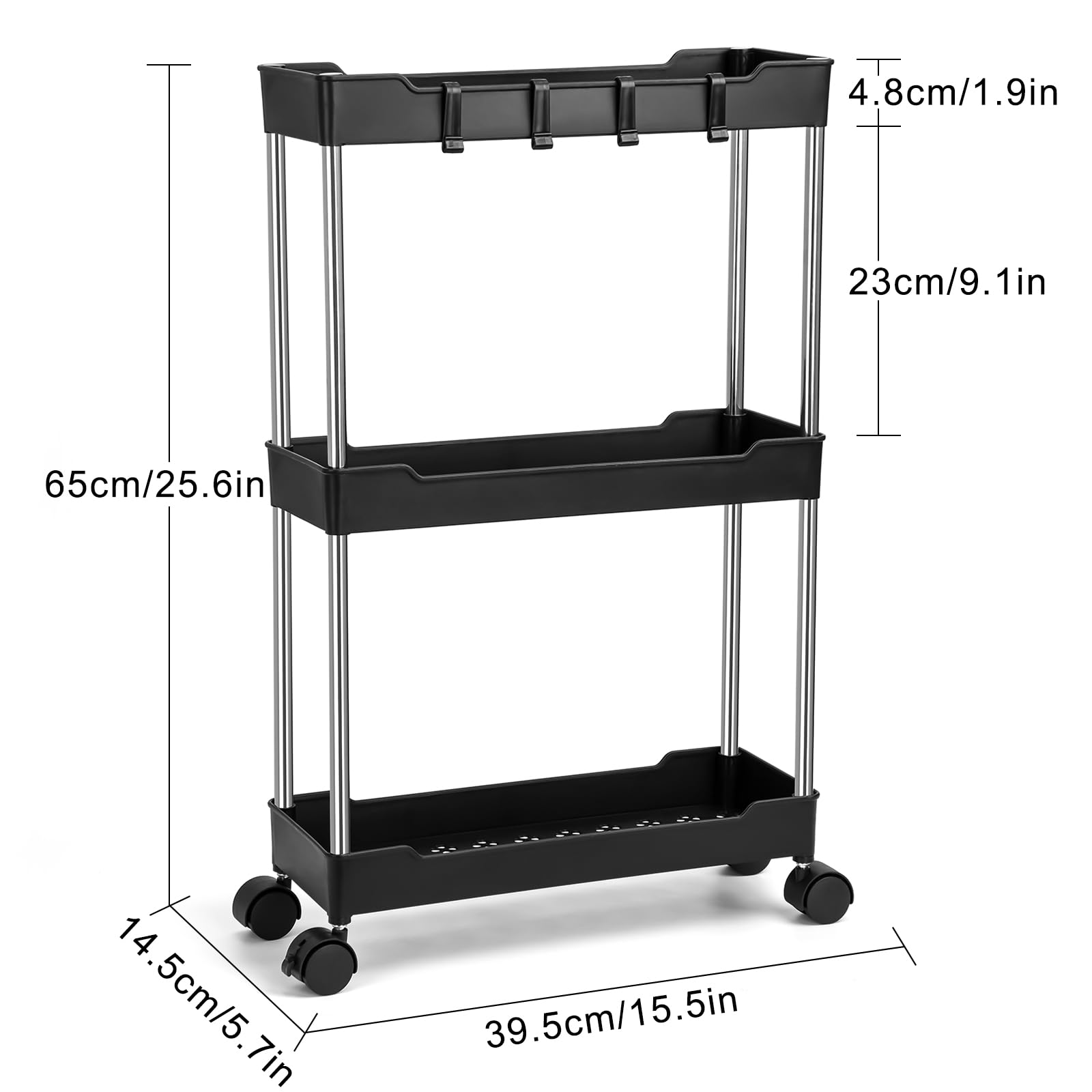 Carro De Almacenamiento De 3 Niveles,Carro De Almacenamiento Delgado Carrito Multifunción Carro De Servicio Ruedas Bloqueables para Cocina Dormitorio Baño Lavadero Negro 15 X40 X 61cm