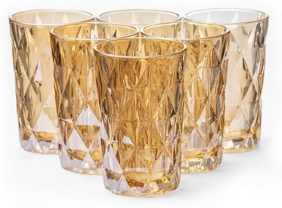 Jogo de 6 Copos de Vidro Âmbar Diamond Transparente 400ml Design Elegante e Resistente Ideal para Suco Água Refrigerante Drinks e Café Transparente para Cozinha Bar e Restaurante