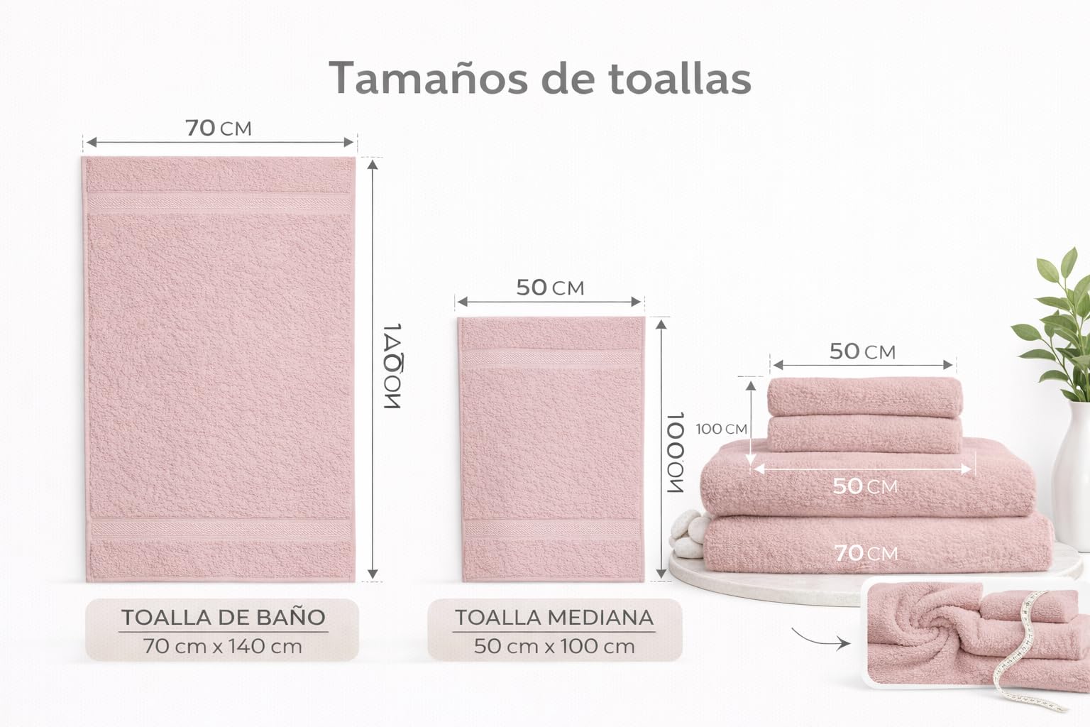 TRAMAS+ Juego de Toallas Premium 700gr de 6 Piezas, 100% Algodón, 4 Toallas de Mano 50x100 cm y 2 Toallas de baño de 70x140cm, Extra Suaves, Secado Rápido, Alta Absorción - Rosa Palo