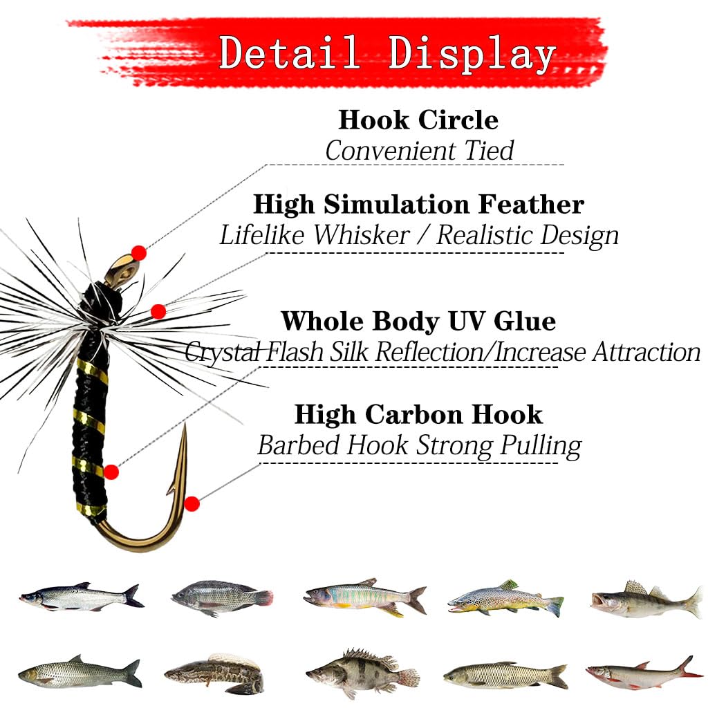 20Pcs/Box Fliegenfischen Köder Griffith Midges Bass Lachs Forellen Fliegen Schwarz/Rot Künstliche Insekten Fischen Köder