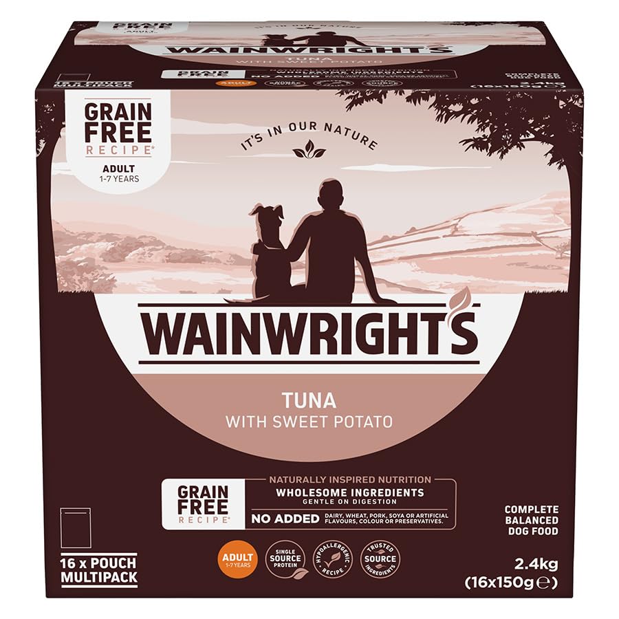 New Puppy Chicken with Brown Rice and Vegetables (PACK OF16X150g) (16 x 150g Pouchs, Grain Free Adult Tuna with Sweet Potato Multipack is a complete balanced wet food)