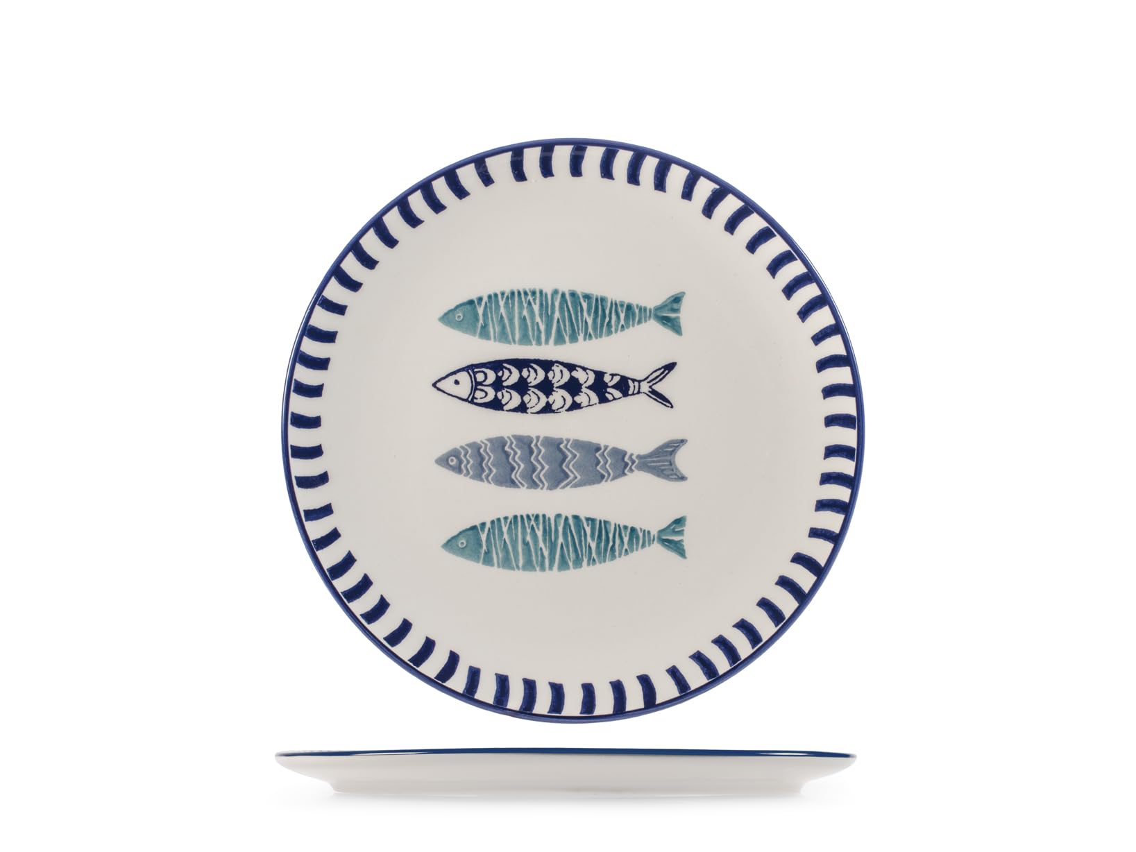 H&H Mediterráneo - Juego de 6 platos llanos, cerámica, 26 cm, mar, verano, pescado