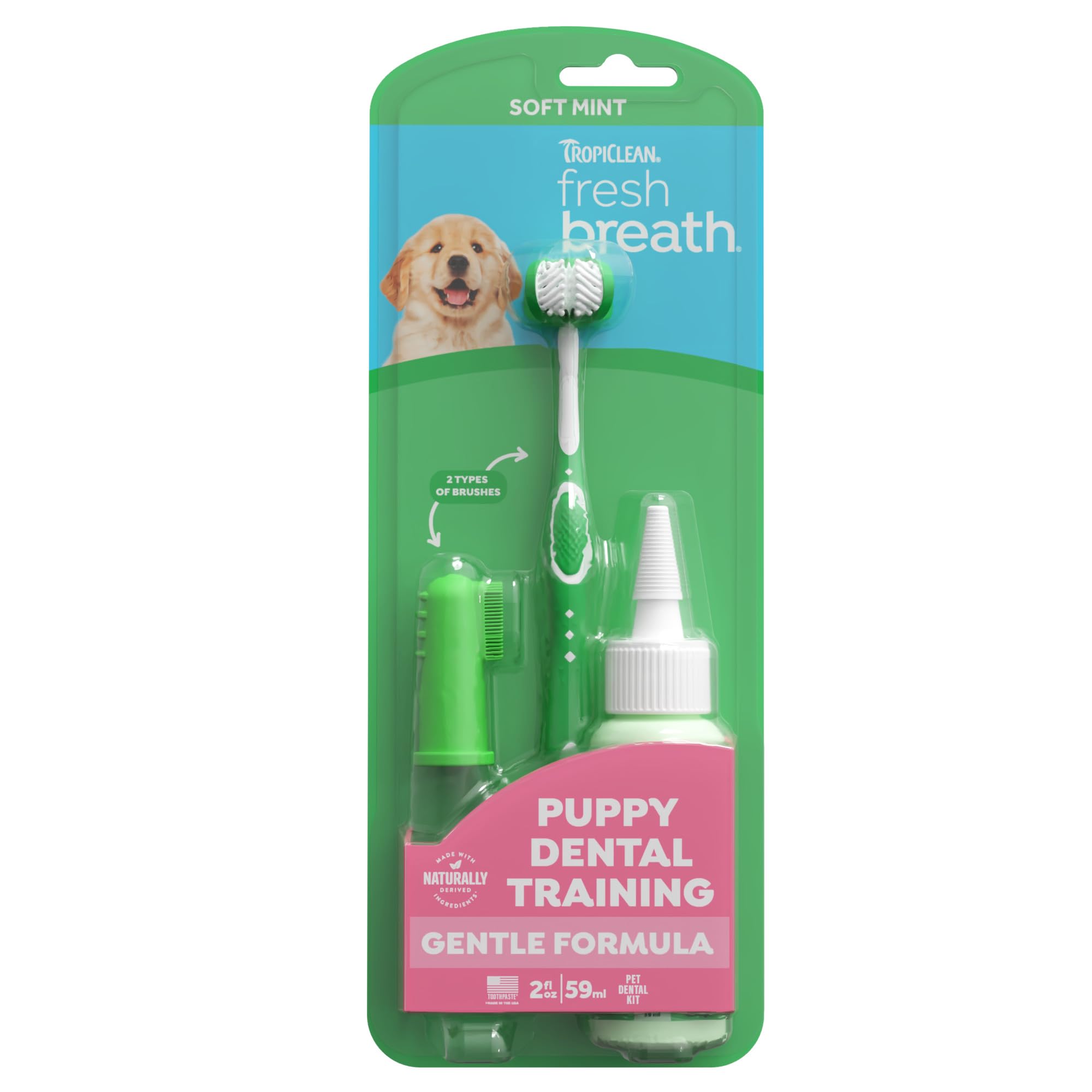 TropiClean Fresh Breath Puppy, kit per l'igiene orale, deodorante per l'alito, kit completo di spazzolini da denti per cani per cuccioli, aiuta a rimuovere placca e tartaro, per cuccioli, 59 ml (la confezione può variare)