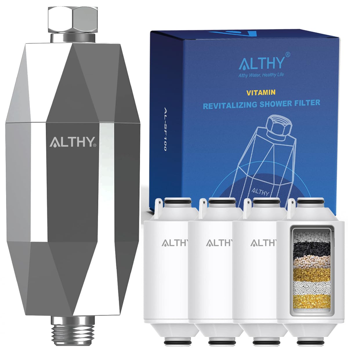 ALTHY Vitamin C Revitalizing Shower Head Water Filter - Reduces Chlorine, Heavy Metal & Softens Hard Water- Prevent Dry Itchy Skin, Hair Loss, Dandruff - Chrome (Includes 4 Filters)