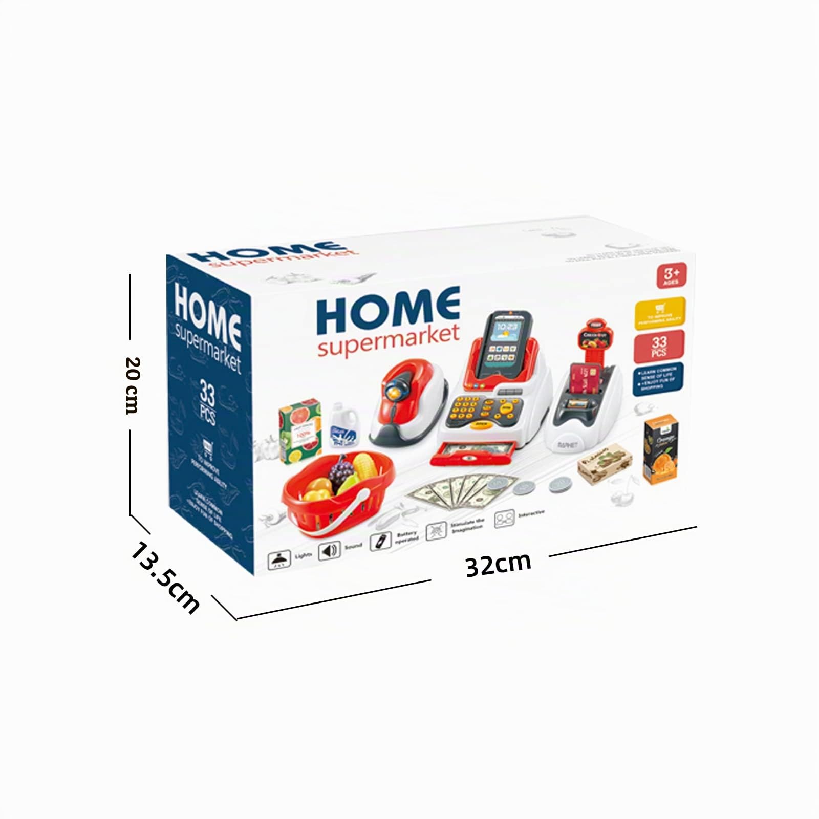 Giocattolo di Supermercato Gioco di Simulazione con Macchina Registratore di Cassa Lettore di Carte Scanner di Prodotti e Cibo Modelli Frutti Giocattoli di Ruolo 33pz per I'educazione della Bambini