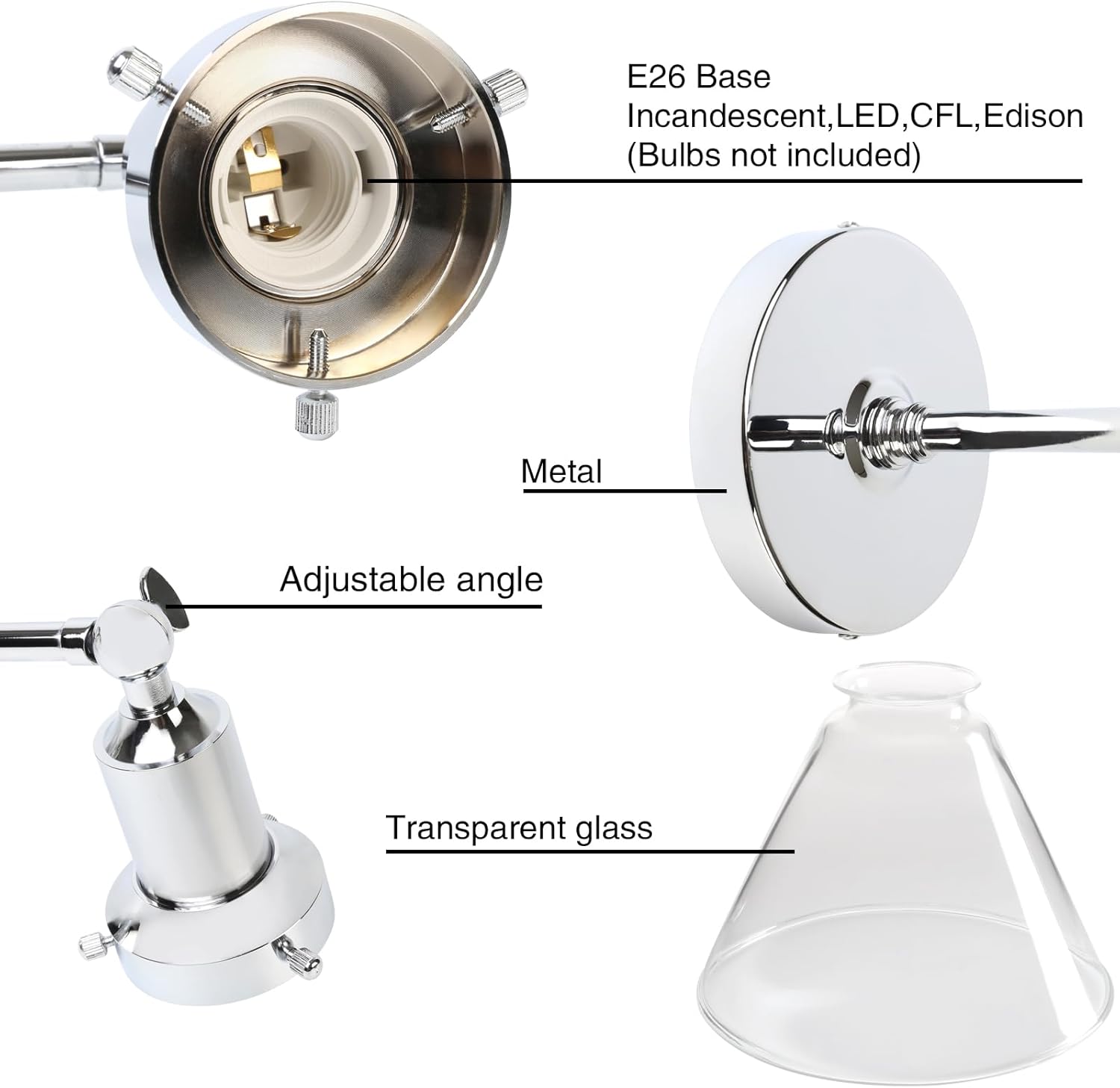 PERMO Industrial Vintage Slope Pole Wall Mount Single Sconce with Funnel Flared Clear Glass Shade Chrome Wall Sconce Light Fixtures